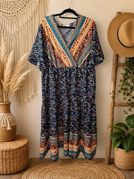 Dresses & Skirts - Keluummi Plus Size Boho Patchwork Floral Maxi Dress Wrap Neck US 22